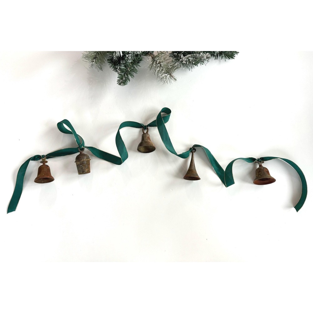 Vintage Brass Christmas Bells Garland: Rustic Ornate Bell Swag (73")